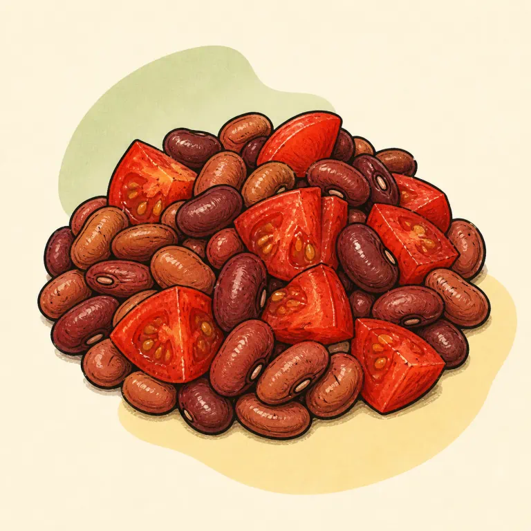 Hand-drawn editorial illustration of Beans and tomatoes, no added fat.