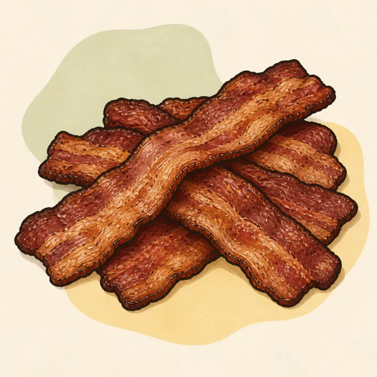 Hand-drawn editorial illustration of Beef, bacon, cooked.
