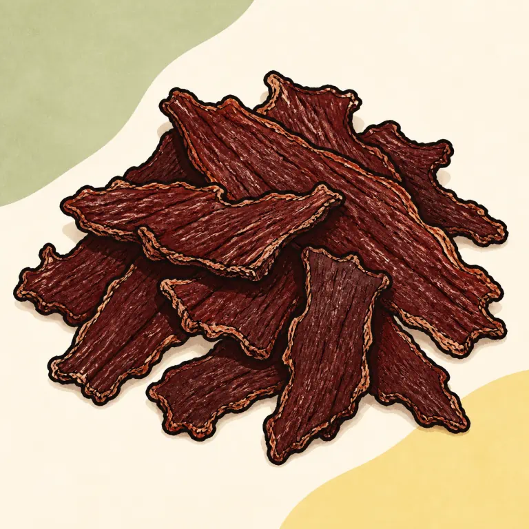Hand-drawn editorial illustration of Beef, dried, chipped, uncooked.