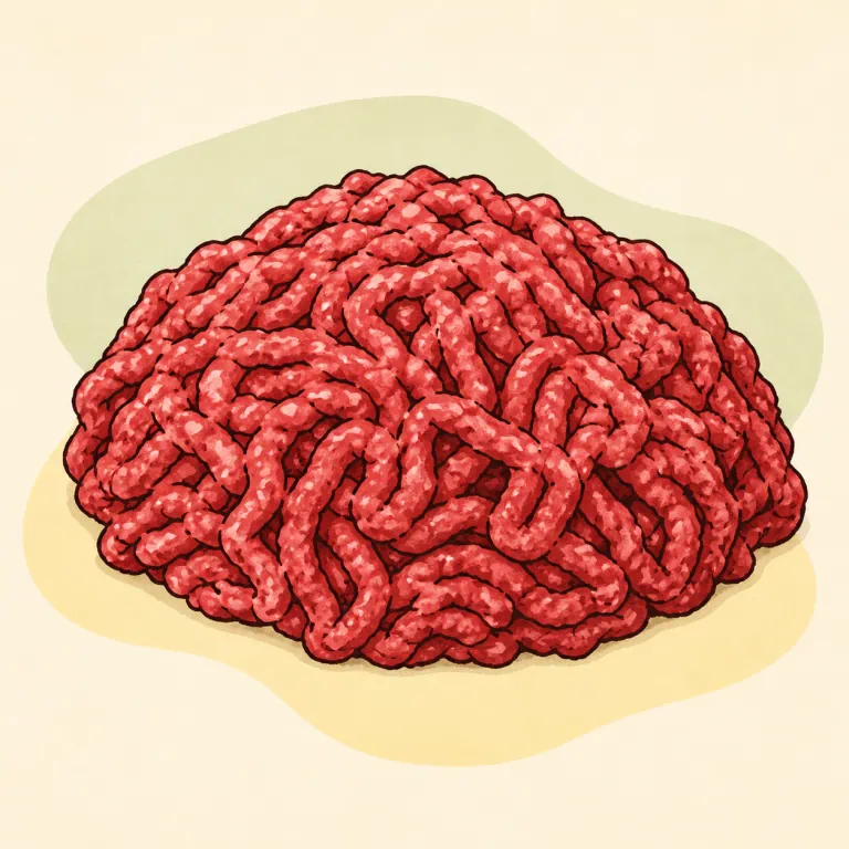 Hand-drawn editorial illustration of Beef, ground, raw.