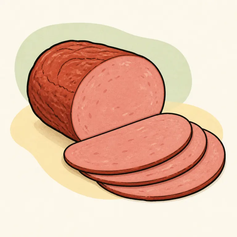 Hand-drawn editorial illustration of Beef, prepackaged or deli, luncheon meat.