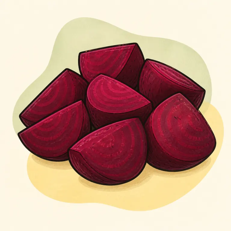Hand-drawn editorial illustration of Beets, fresh, cooked, no added fat.