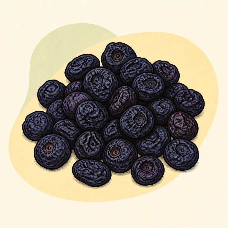 Hand-drawn editorial illustration of Blueberries, dried.