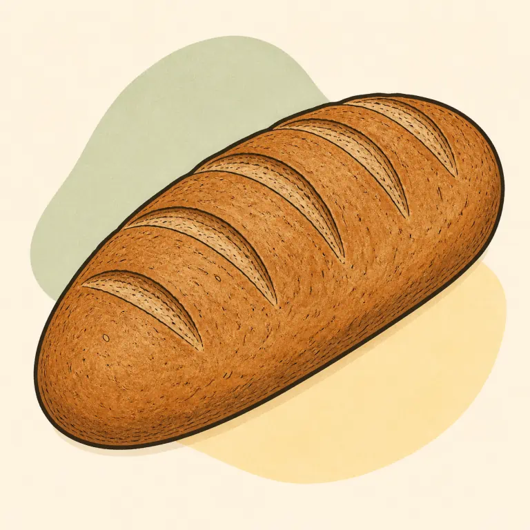 Hand-drawn editorial illustration of Bread, French or Vienna, whole wheat.