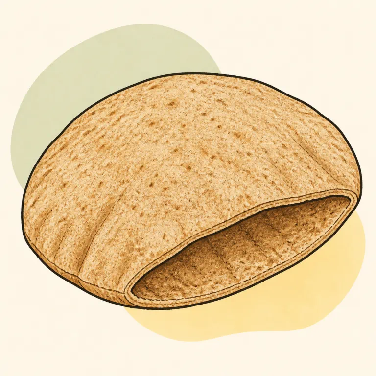 Hand-drawn editorial illustration of Bread, pita, whole wheat.