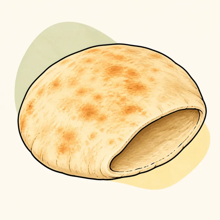Hand-drawn editorial illustration of Bread, pita.