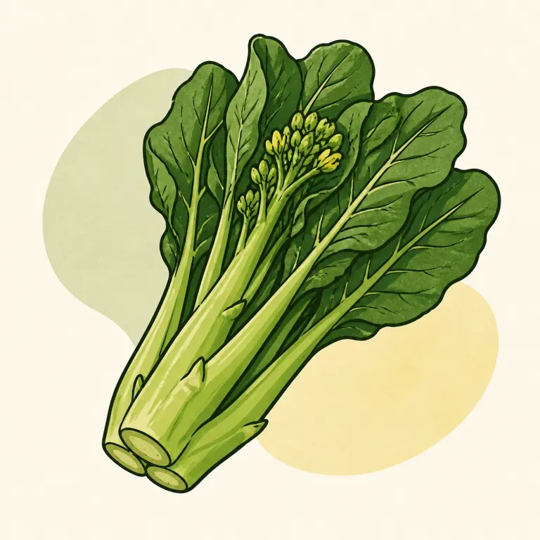 Hand-drawn editorial illustration of Broccoli, chinese, raw.
