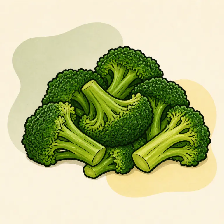 Hand-drawn editorial illustration of Broccoli, fresh, cooked, no added fat.