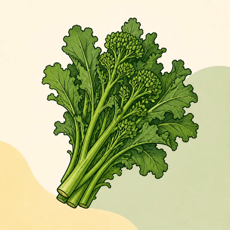 Hand-drawn editorial illustration of Broccoli raab, raw.