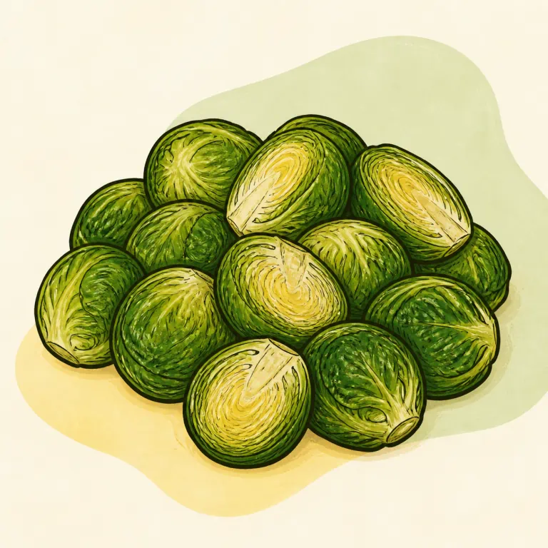 Hand-drawn editorial illustration of Brussels sprouts, fresh, cooked, no added fat.