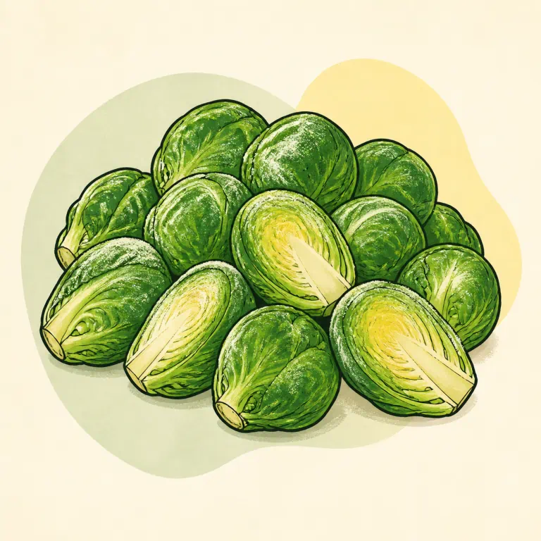 Hand-drawn editorial illustration of Brussels sprouts, frozen, cooked, no added fat.