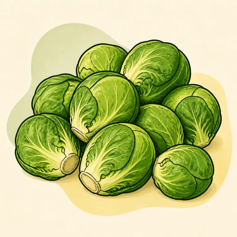 Hand-drawn editorial illustration of Brussels sprouts, raw.