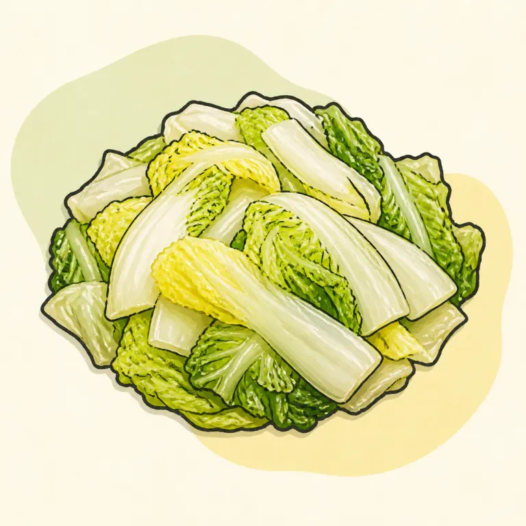 Hand-drawn editorial illustration of Cabbage, Chinese, cooked, no added fat.