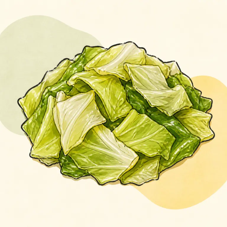 Hand-drawn editorial illustration of Cabbage, green, cooked, no added fat.