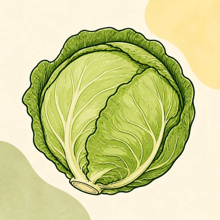 Hand-drawn editorial illustration of Cabbage, green, raw.
