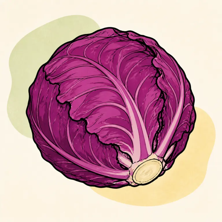 Hand-drawn editorial illustration of Cabbage, red, raw.