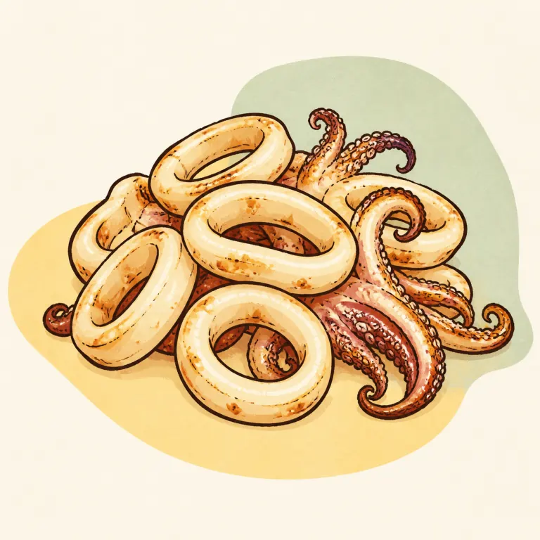 Hand-drawn editorial illustration of Calamari, cooked.
