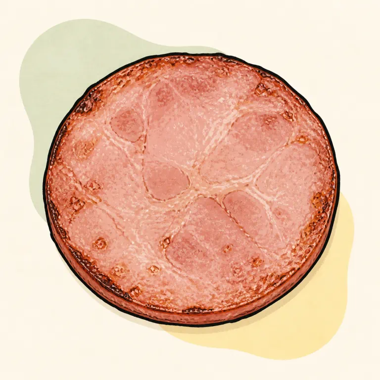 Hand-drawn editorial illustration of Canadian bacon, cooked.