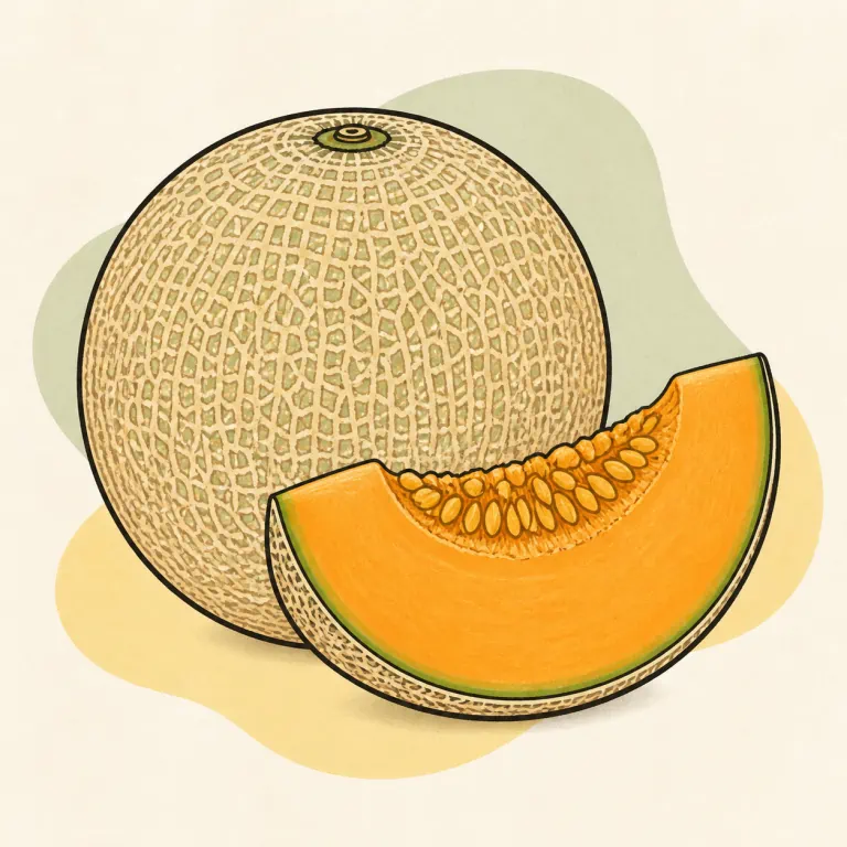 Hand-drawn editorial illustration of Cantaloupe, raw.