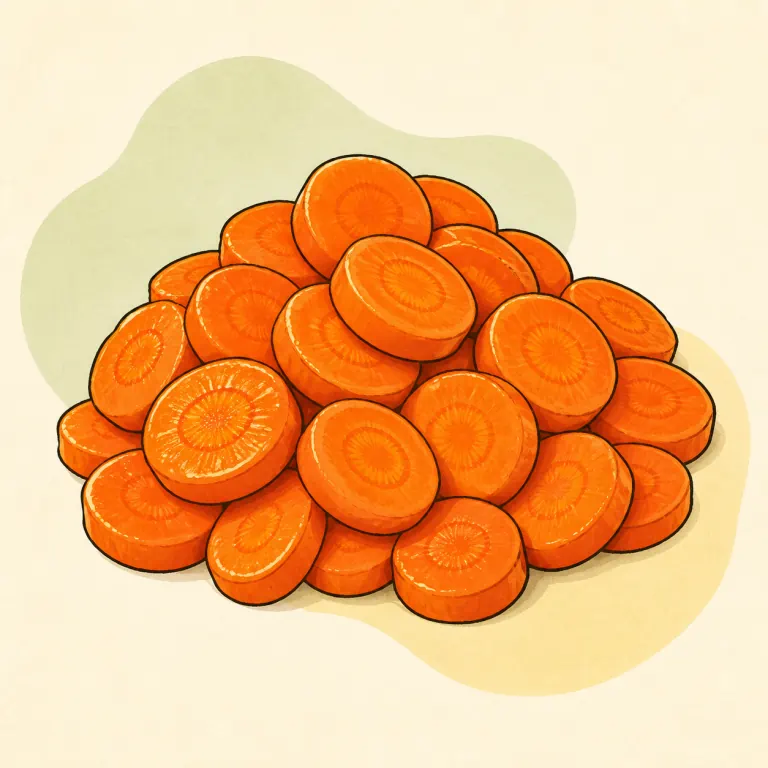 Hand-drawn editorial illustration of Carrots, canned, cooked, no added fat.