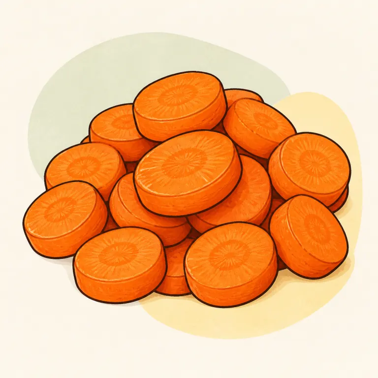 Hand-drawn editorial illustration of Carrots, fresh, cooked, no added fat.