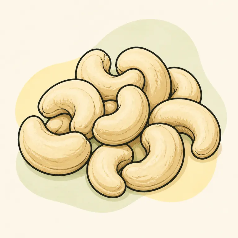 Hand-drawn editorial illustration of Cashews, unroasted.
