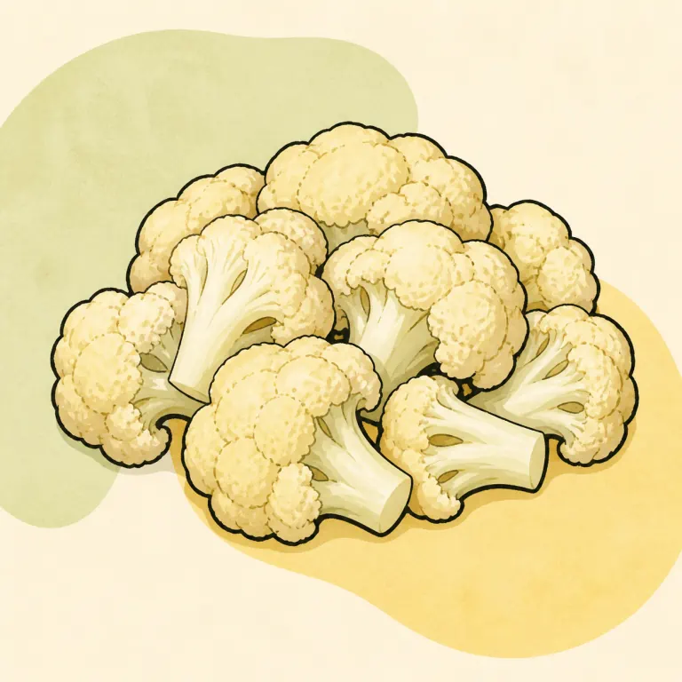 Hand-drawn editorial illustration of Cauliflower, fresh, cooked, no added fat.