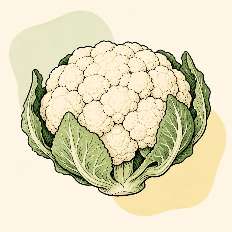 Hand-drawn editorial illustration of Cauliflower, raw.