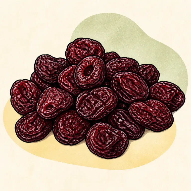 Hand-drawn editorial illustration of Cherries, dried.