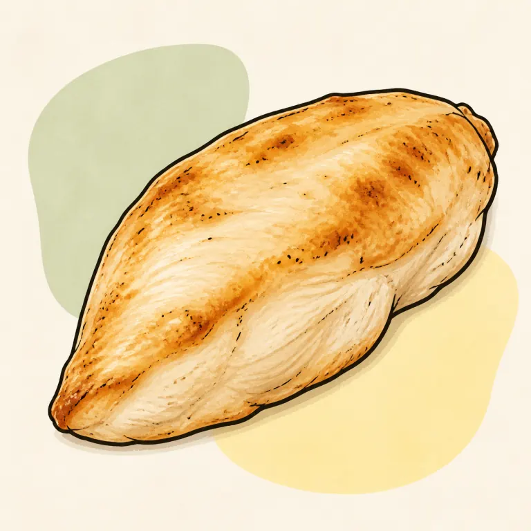 Hand-drawn editorial illustration of Chicken breast, baked, broiled, or roasted, skin not eaten, from raw.