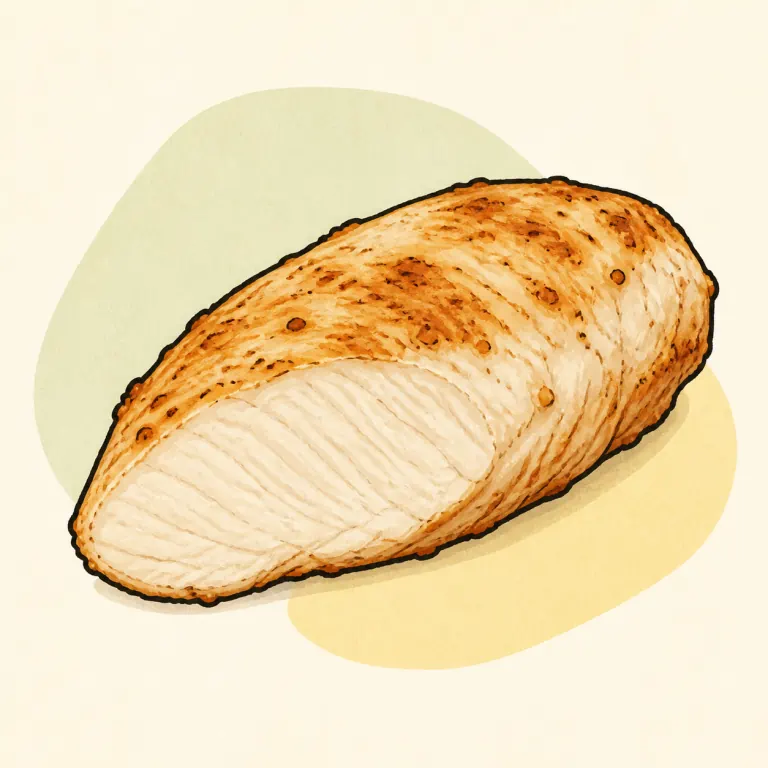 Hand-drawn editorial illustration of Chicken breast, fried, coated, prepared skinless, coating eaten, from raw.