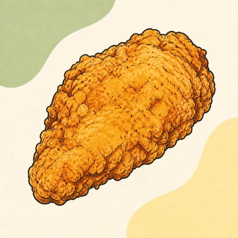 Hand-drawn editorial illustration of Chicken breast, fried, coated, skin / coating not eaten, from raw.
