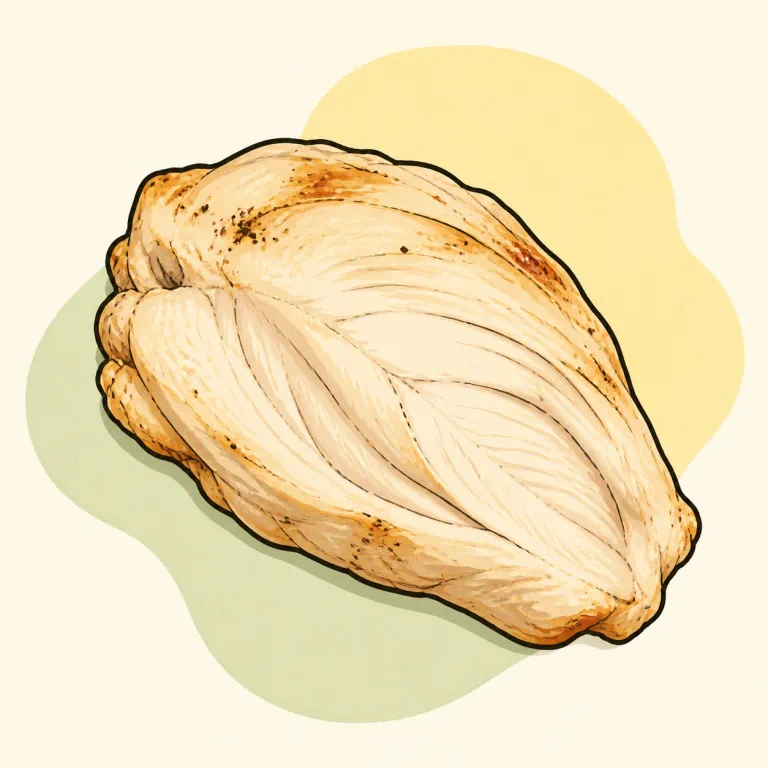 Hand-drawn editorial illustration of Chicken breast, rotisserie, skin eaten.