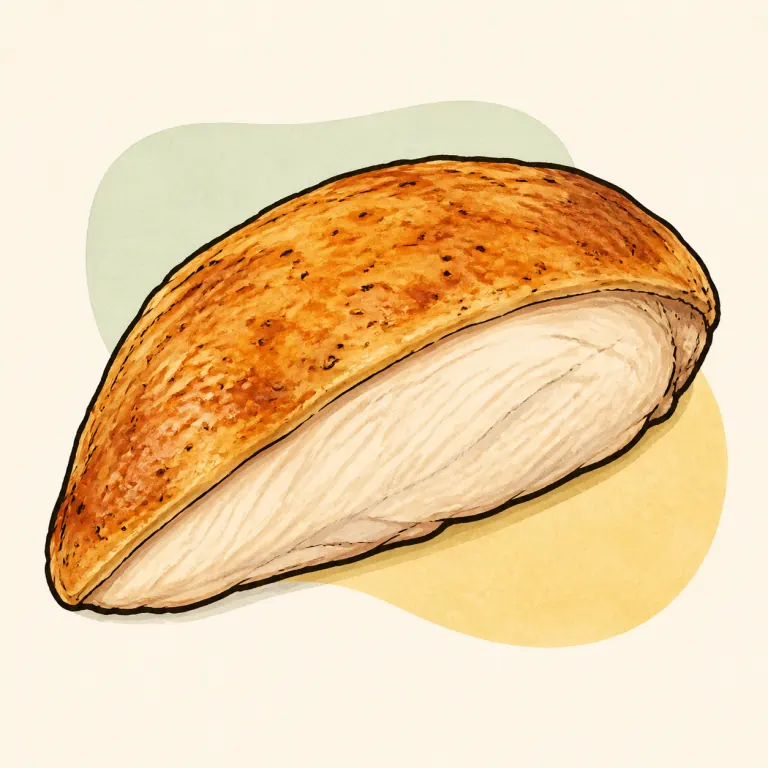 Hand-drawn editorial illustration of Chicken breast, rotisserie, skin not eaten.