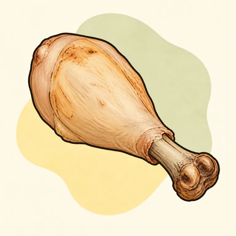 Hand-drawn editorial illustration of Chicken drumstick, baked, broiled, or roasted, skin not eaten, from raw.
