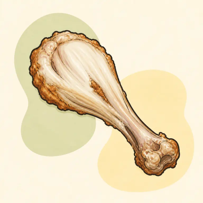 Hand-drawn editorial illustration of Chicken drumstick, fried, coated, prepared skinless, coating eaten, from raw.