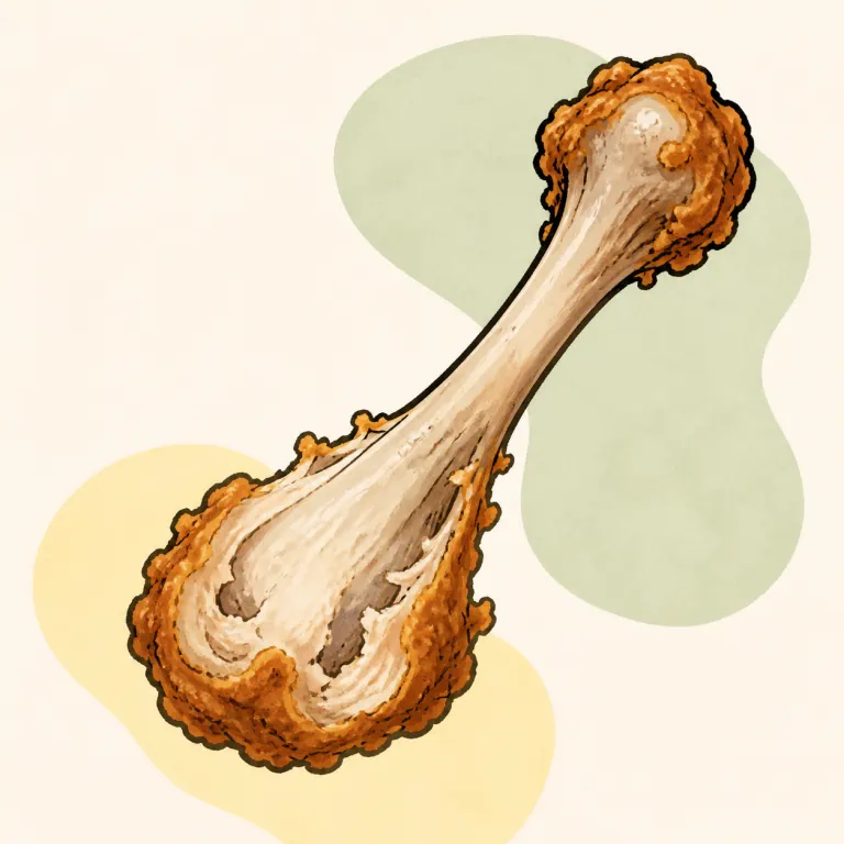 Hand-drawn editorial illustration of Chicken drumstick, fried, coated, skin / coating eaten, from raw.