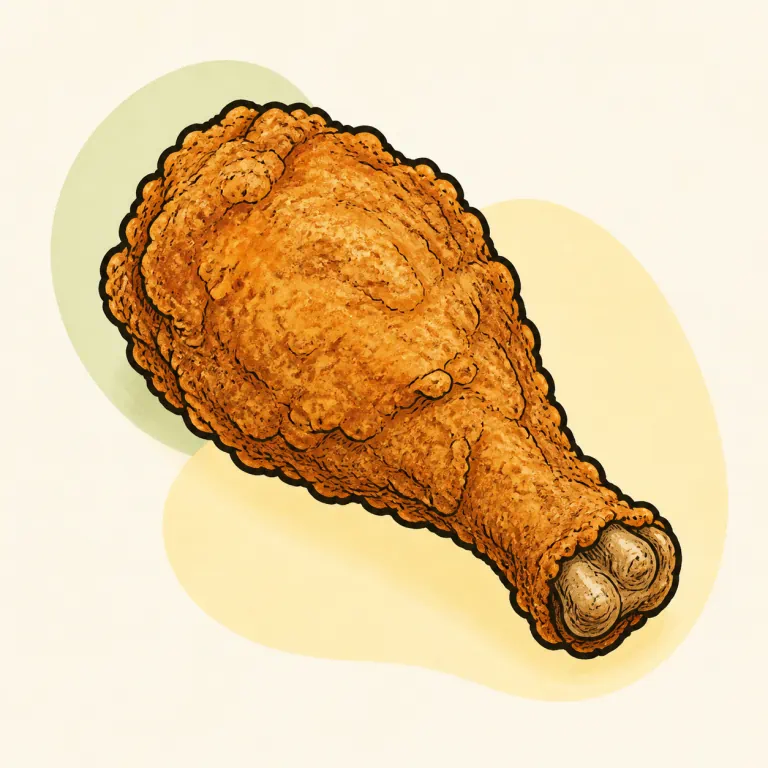 Hand-drawn editorial illustration of Chicken drumstick, fried, coated, skin / coating not eaten, from raw.
