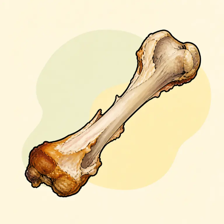 Hand-drawn editorial illustration of Chicken drumstick, rotisserie, skin eaten.
