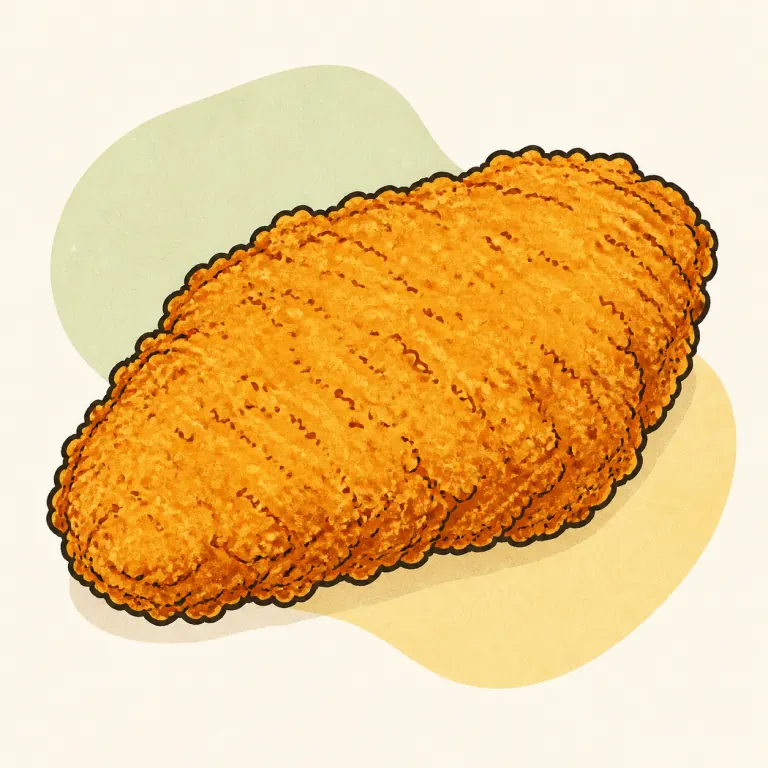 Hand-drawn editorial illustration of Chicken, meatless, breaded, fried.