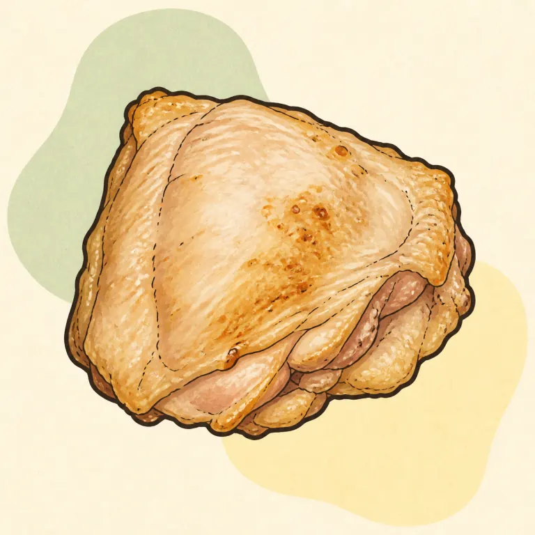 Hand-drawn editorial illustration of Chicken thigh, baked, broiled, or roasted, skin eaten, from raw.
