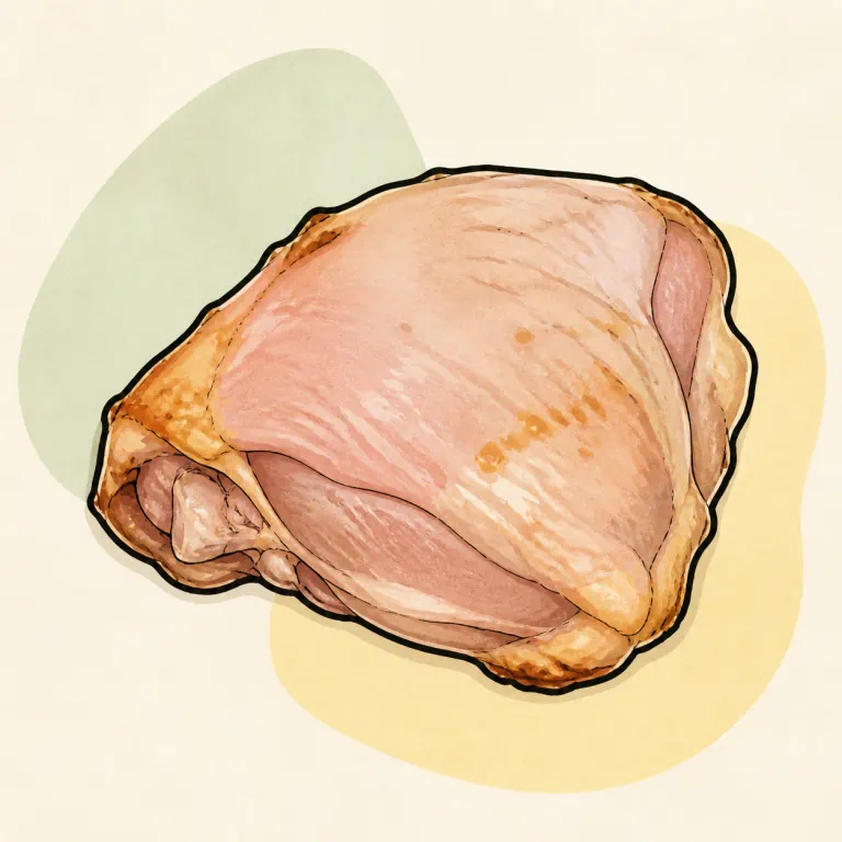 Hand-drawn editorial illustration of Chicken thigh, baked, broiled, or roasted, skin not eaten, from raw.