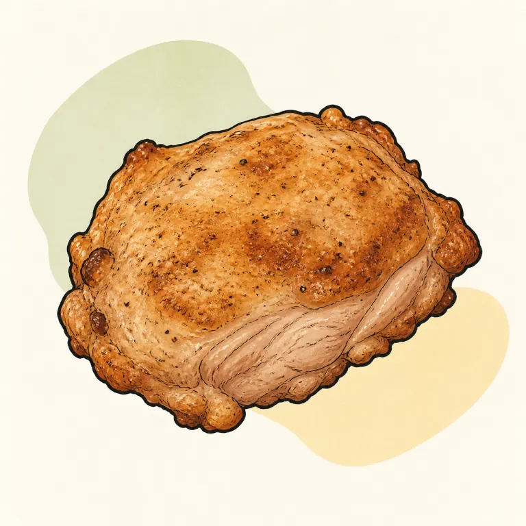 Hand-drawn editorial illustration of Chicken thigh, fried, coated, skin / coating eaten, from raw.