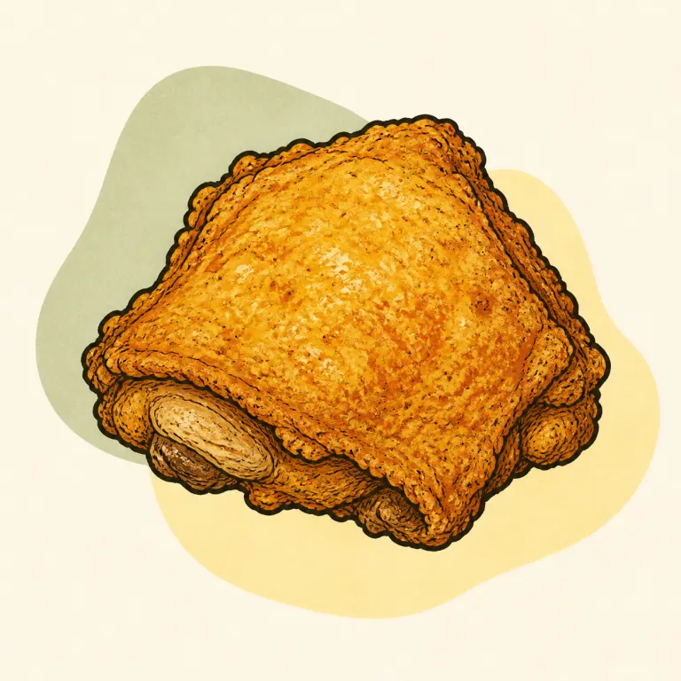 Hand-drawn editorial illustration of Chicken thigh, fried, coated, skin / coating not eaten, from raw.