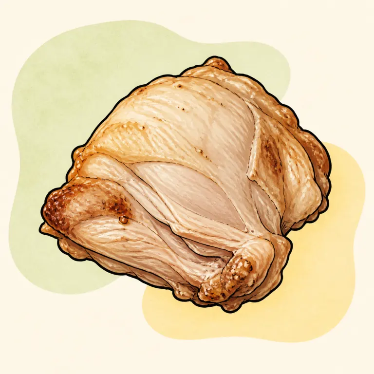 Hand-drawn editorial illustration of Chicken thigh, rotisserie, skin eaten.