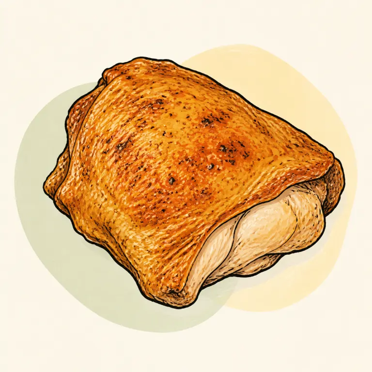 Hand-drawn editorial illustration of Chicken thigh, rotisserie, skin not eaten.