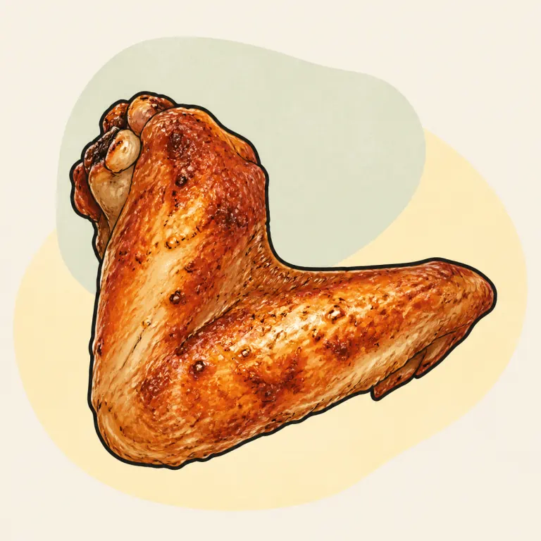 Hand-drawn editorial illustration of Chicken wing, baked, broiled, or roasted, from raw.
