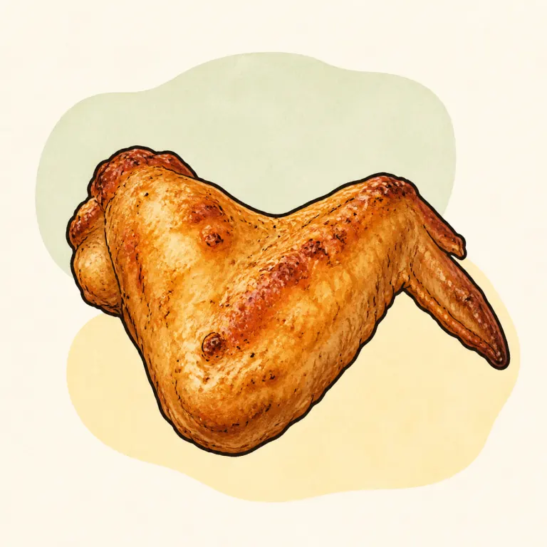 Hand-drawn editorial illustration of Chicken wing, baked or broiled, from pre-cooked.