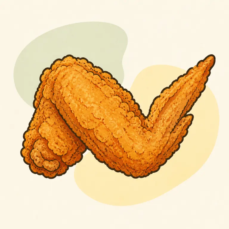 Hand-drawn editorial illustration of Chicken wing, fried, coated, from raw.