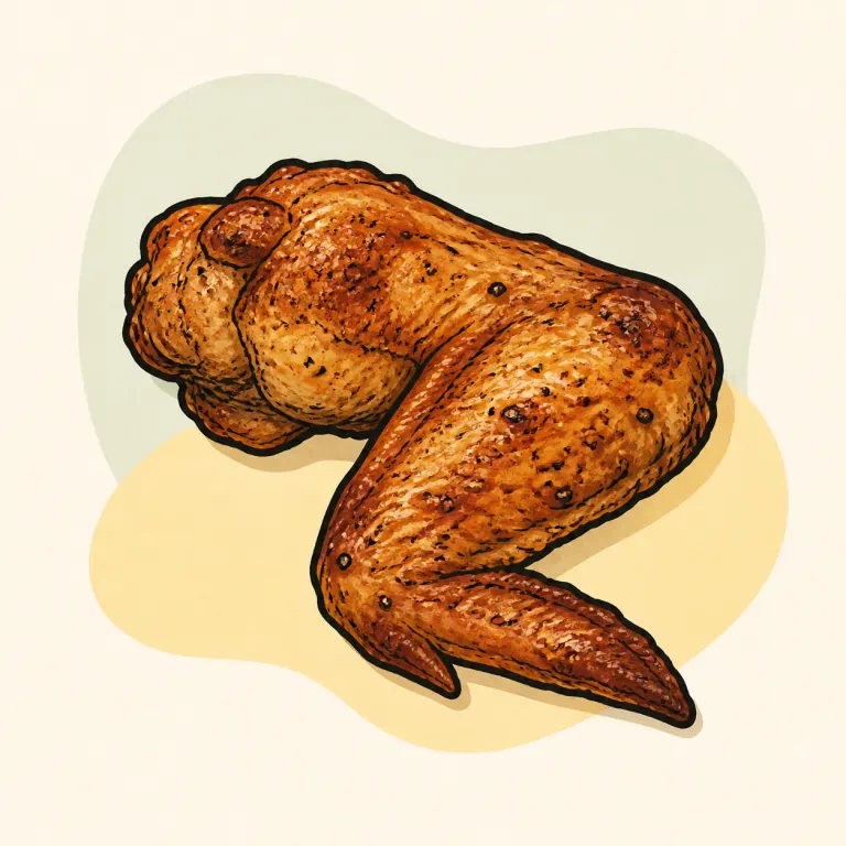 Hand-drawn editorial illustration of Chicken wing, rotisserie.